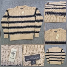 LL Bean Signature Sweater Mens Medium Beige Navy Striped Cable Knit Crewneck