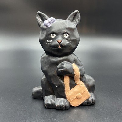 Black Cat Figurine Hand Painted Clay Terracotta Modern Fashion Art Whimsey