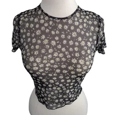 Divided H&M Black DAISIES Sheer Mesh Short-Sleeve Baby Tee SMALL 90s Y2K Grunge