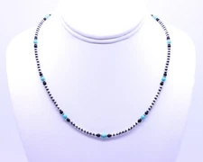 4mm Green Blue Kingman Arizona Turquoise and Black Onyx Sterling Silver Necklace