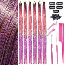 Pink Hair Tinsel 1500 Strands 44 Inch Fairy Hair Tinsel Kit Heat Resistant Gl...