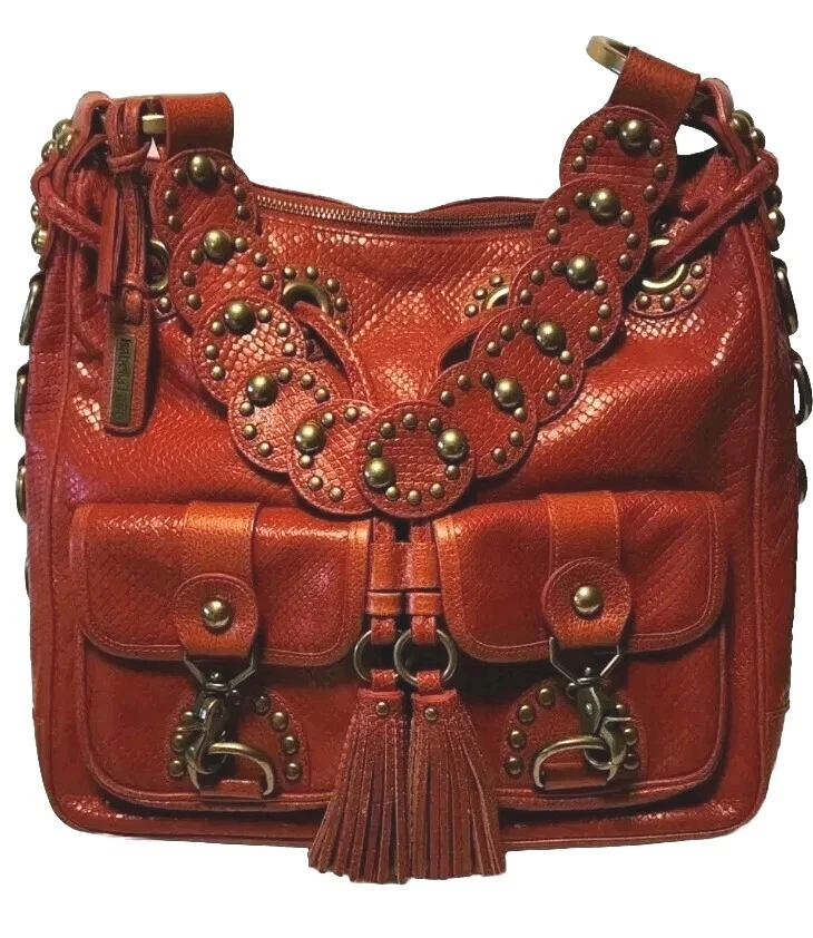 ISABELLA FIORE SNAKE CHARMER RED STUDDED EMBOSSED LEATHER SHOULDER HANDBAG $695