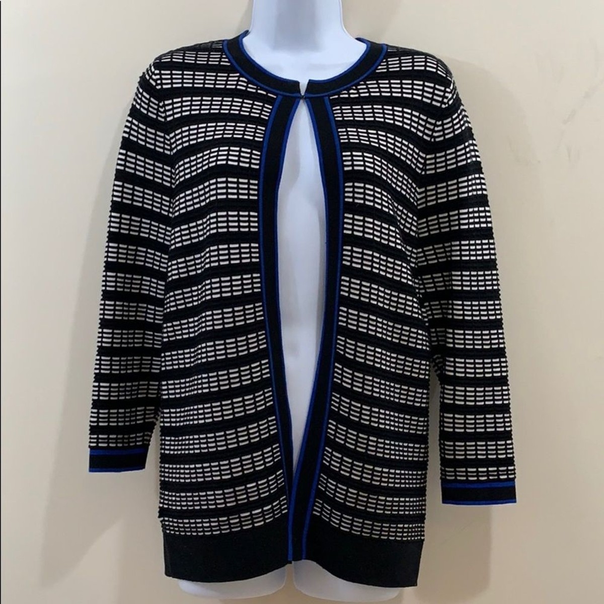 Kasper Open Front Striped Long Sleeve Knit Sweater Cape Jacket