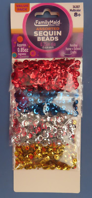 FamilyMaid Sequin Beads. Red Blue Silver Gold  DIY Crafts  # 34307  .85 oz  NEW