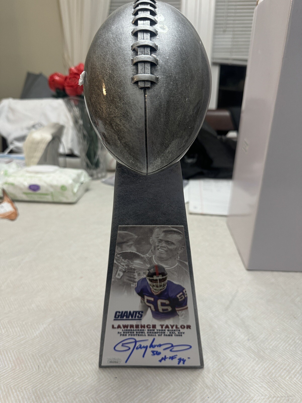 Lawrence Taylor Autographed Signed Football Super Bowl Trophy With HOF JSA Witness 