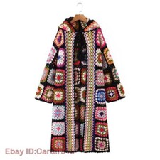 Womens Crochet Granny Square Handmade Cardigan Knit Long Rainbow Hooded Cardigan