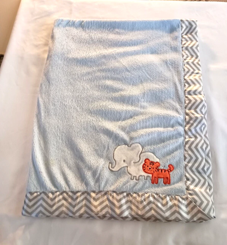 CARTER"S JUST ONE YOU BLUE TIGER ELEPHANT BABY BOY SATIN TRIM BLANKET 29" x 38" - Image 4 of 4
