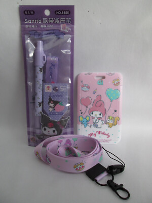 Neu super süß SANRIO - MY MELODY & KUROMI Schlüsselband Ausweishalter & Schlüsselband Stift Set
