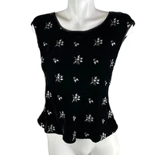 Citron Santa Monica Black Velvet White Embroidered Blouse Top Silk Size Small
