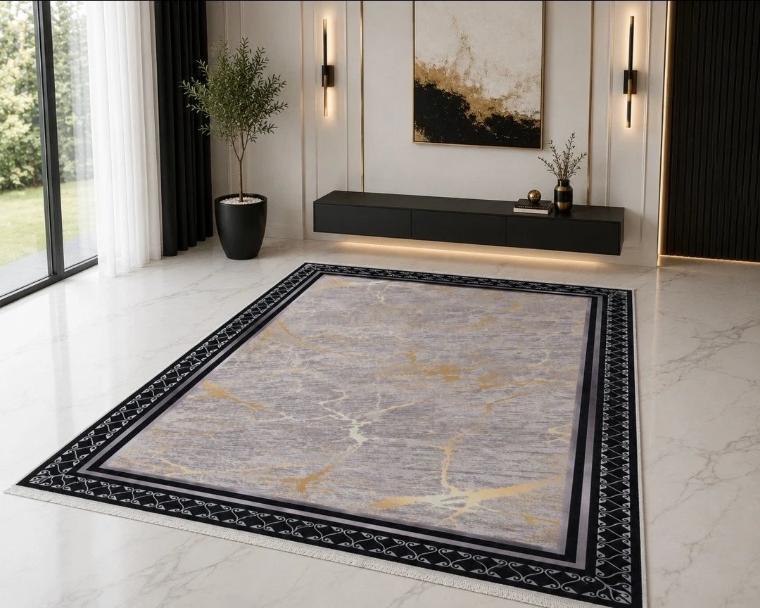 Large Modern Soft Rug 1.6m x 2.3m Black Gold Grey Design Floor Carpet Geometric