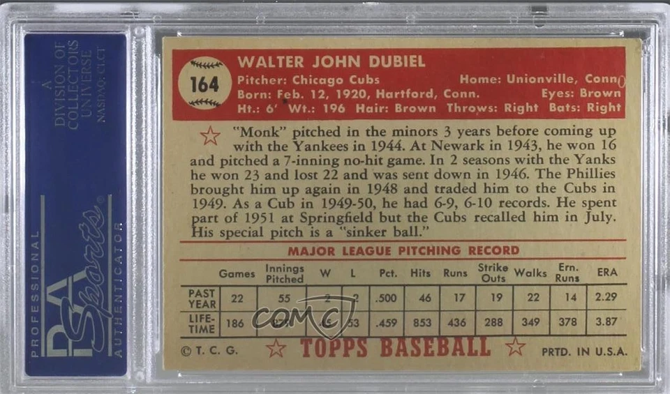 1952 Topps Walt Dubiel (White Back) #164 PSA 6 - Image 2 of 2