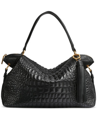 Donna Karan New York Glenwood Quilted Croc Top Handle Satchel Tassel Black Gold