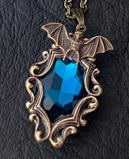 Gothic Bat Necklace Victorian Revival Teal Rhinestone Brass Filigree Pendant