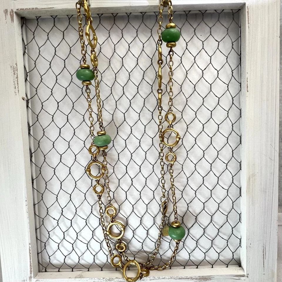 RLL Ralph Lauren Long Necklace Green Glass Beads Gold Tone 33” Boho - Image 2 of 4