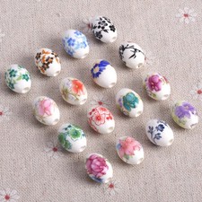 20pcs 10x15mm 12x18mm Flower Patterns Oval Shape Ceramic Porcelain Loose Beads