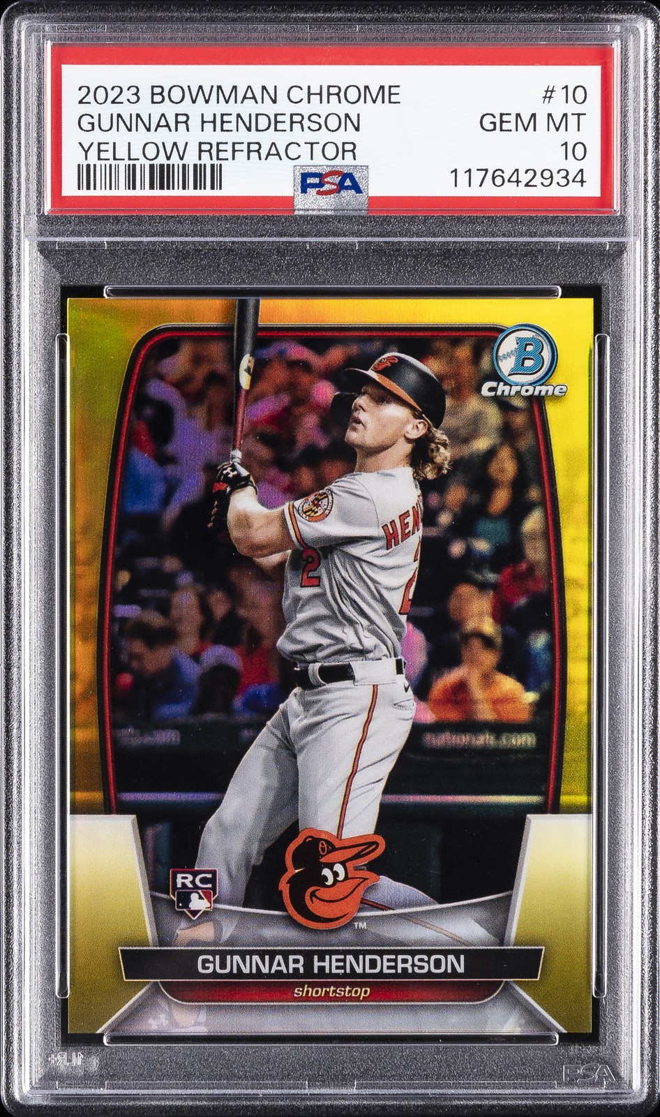 2023 BOWMAN CHROME YELLOW REFRACTOR #10 GUNNAR HENDERSON ROOKIE RC 30/75 PSA 10 view 1
