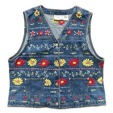 Vintage SUSAN BRISTOL Floral Embroidered Denim Vest Boho Festival WOMEN'S LARGE
