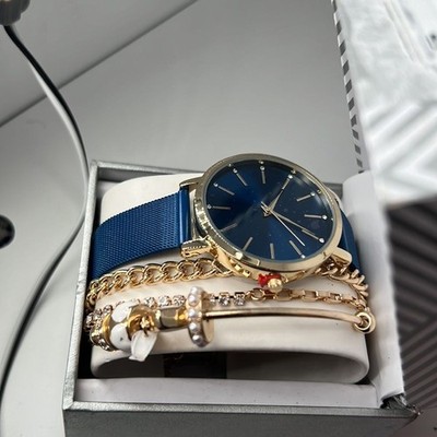 NWT Gold Blue Mesh Charm Watch Set