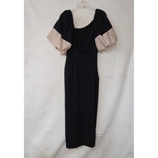 ASOS Asymmetric Neckline Midi Dress Women 6 Black Beige Puff Sleeve Pleated New