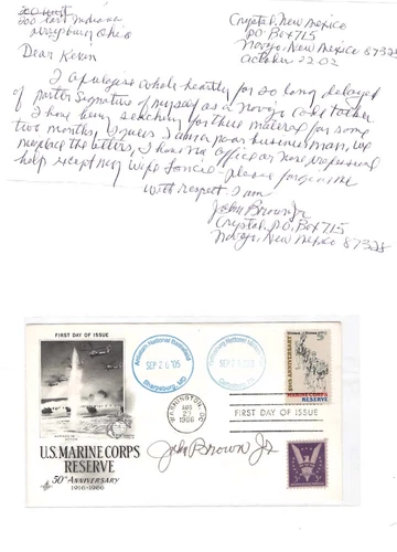 John Brown Jr. USMC Navajo Code Talker WW 2 HANDWRITTEN LETTER & SIGNED USMC FDC