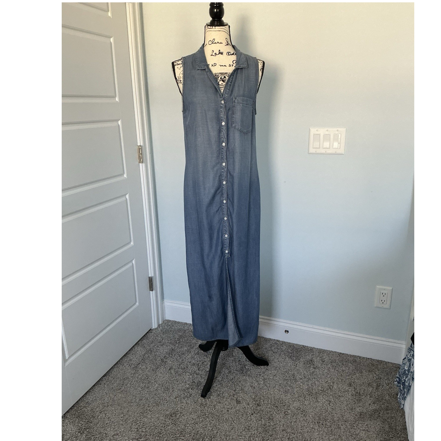 Sneak Peek Blue Chambray Oversized Maxi Shirt Dress Button Sleeveless Size S