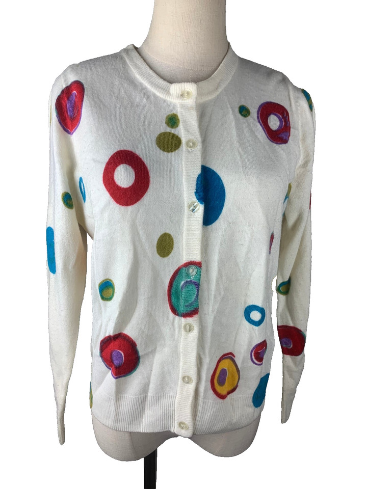 Wilundi Cream Long Sleeve Round Neck Cardigan Multi Colour Circle Patterns Small