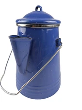 VINTAGE Enamel Blue Stove Top Percolator Coffee Pot With White Speckles