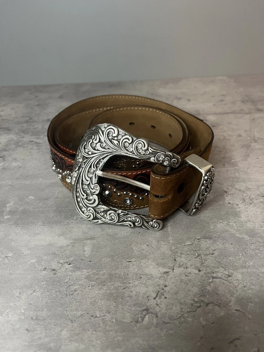 TONY LAMA Sz 34 NWOT Rhinestone Heart Buckle Silver Studs Leather Western Belt 34967900_hi main image 4