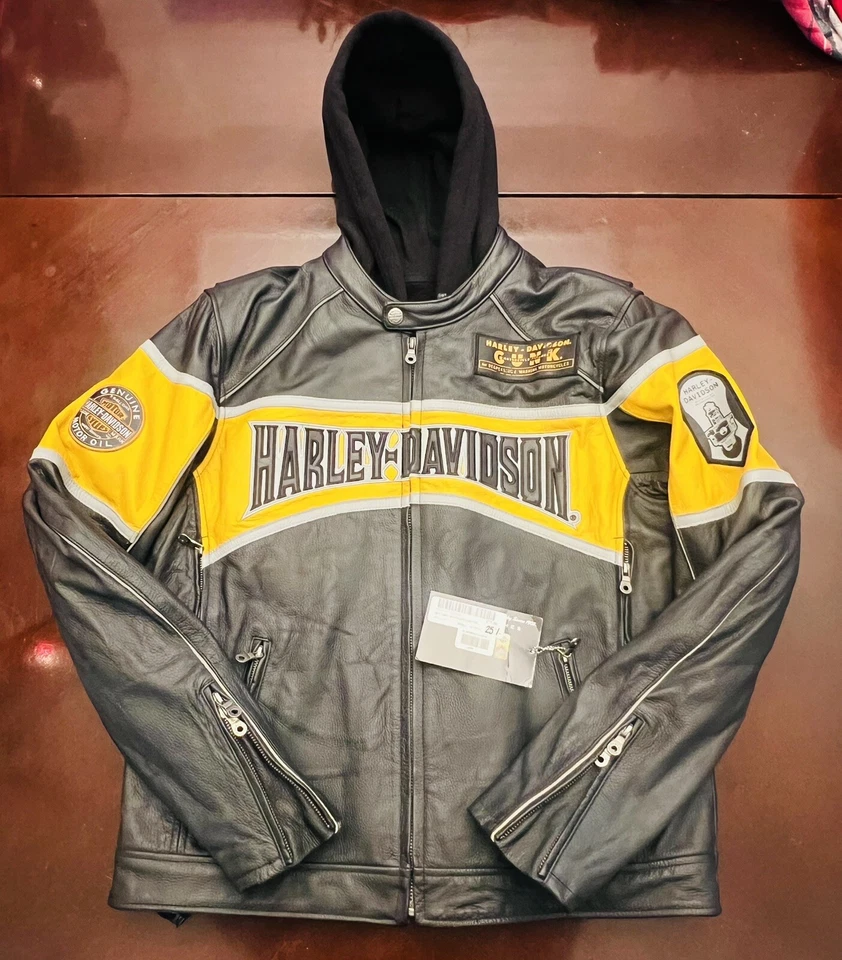 全新 Harley Davidson 男式皮革 3 合 1 Moto 握把摩托车夹克 尺寸 L — 第 2/4 张图片