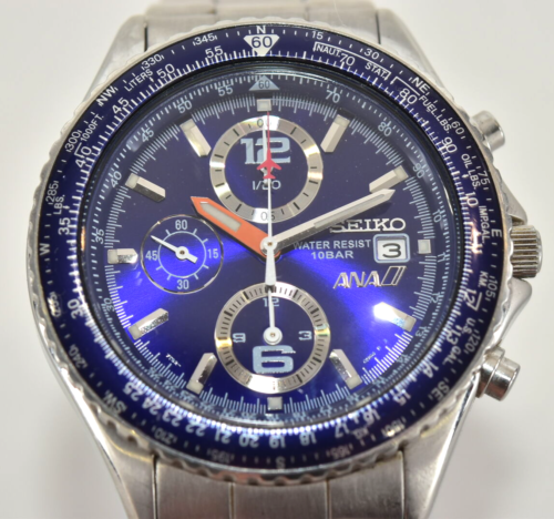 New Battery SEIKO ANA Flightmaster Pilot 7T92-0CF0 Blue Dial Quartz Men's Watch - Picture 3 of 16
