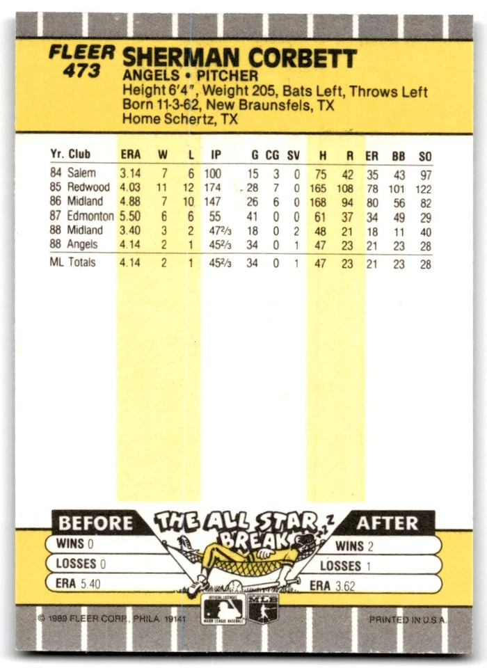 1989 Fleer Sherman Corbett . California Angels #473 - Image 2 of 2