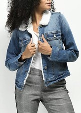 Jolt Jeans Jacket Womens Blue Pockets Full Zip Sherpa Lined Collar Size M