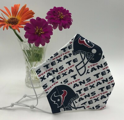 New Adult Cloth Face Mask with Filter Pocket Nose Wire 100% Cotton Houston Texan
