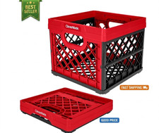 25L Collapsible Milk Crate Stackable Foldable Storage Bin, Red