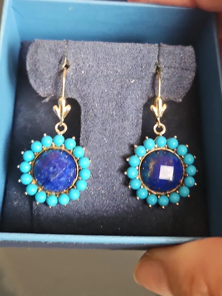 设计师银色 925 Lapis & Sleeping Beauty 悬垂耳环 1.5 英寸杠杆 — 第 2/4 张图片