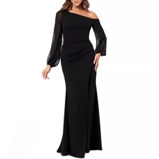 Betsy & Adam Women Dress Size 16 Black One Shoulder Sheer Sleeve Cocktail Gown