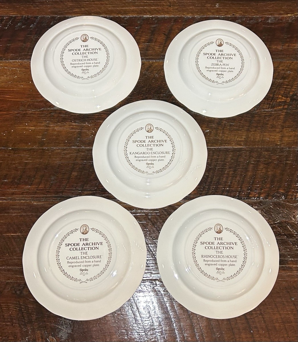 5 SPODE BROWN ZOO ARCHIVE COLLECTION PLATES OSTRICH ZEBRA RHINO