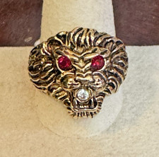 Vintage Uncas Men's Lion Head Ring 18kt Gold HGE Created Ruby Eyes Sz12 NWT/NOS