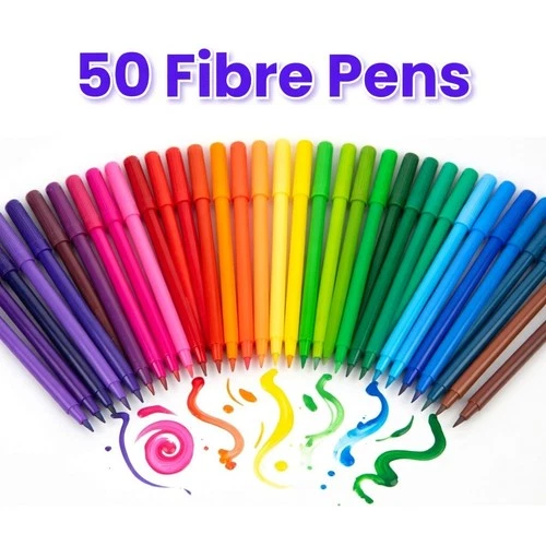 50 Fibre Felt Tip Colouring Pens Set Kids Art Markers Drawing School Fine Tips