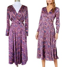TAHARI Tie Front Long Sleeve V-Neck Satin Midi Shirtdress Size 8 Purple Multi