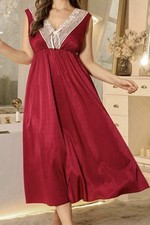 Silky Red Satin Lace V-Neck  V-Back Long Full Slip Nightgown Dress 2X NEW