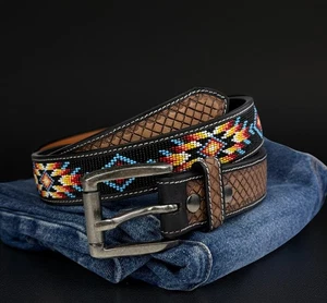 Full Grain Leather Hand Tooled Western Belt Cowboy Rodeo Beaded Removable Buckle