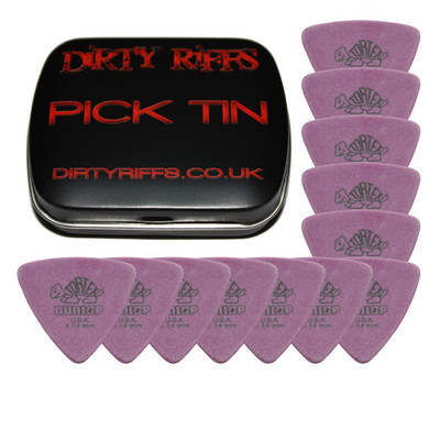 12 x Dunlop Tortex dreieckige Gitarren-Plektren - 1,14 mm lila in einer Plektrum-Dose