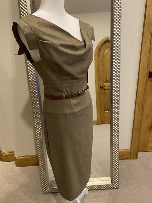 Black Halo Brown Knee Length Jackie O Pencil Dress w/ Gold Sheen US Small 