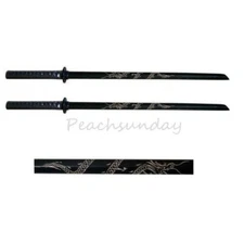Set of 2 32" Black Wooden Wakazashi Bokken Practice Sword Carved Dragon