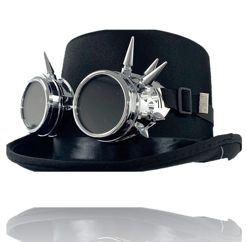 Vintage Steampunk Cyber Retro Sliver Spike Goggles & Black Top Hat Hot Punk