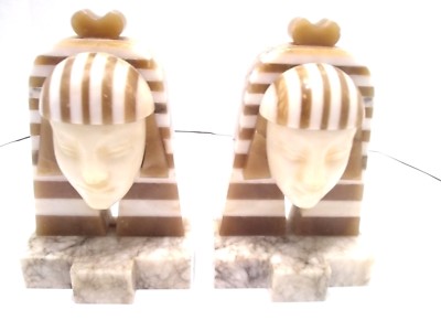 BOOK ENDS Pair Of RARE Art Deco Marble & Alabaster Egyptian Revival  the Sphinx
