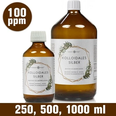 NORDIC PURE Kolloidales Silber (Silberwasser), 100ppm in Apotheker-Glasflasche (250-1000 ml)