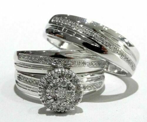 Lab Created 14K White Gold Over His Her Diamond Bridal Wedding Band Trio Ring
