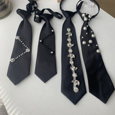Unisex Ties Necktie Accessory Faux Pearl Rhinestone Crystal Glitter Chic Black